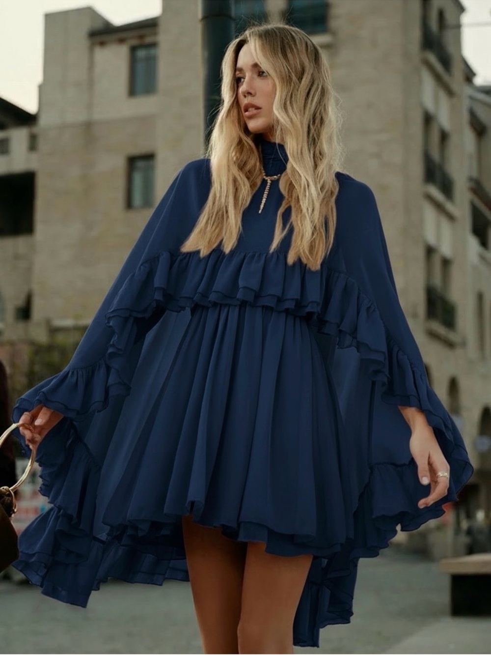 Commense Semi-Sheer Chiffon Ruffle Dress With Outer Cape - Picture 4 of 16